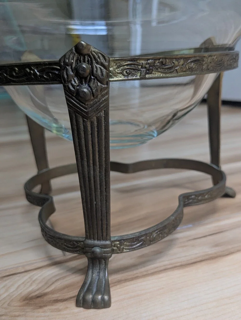 Art Deco Glass Bowl with Bronze Metal Stand